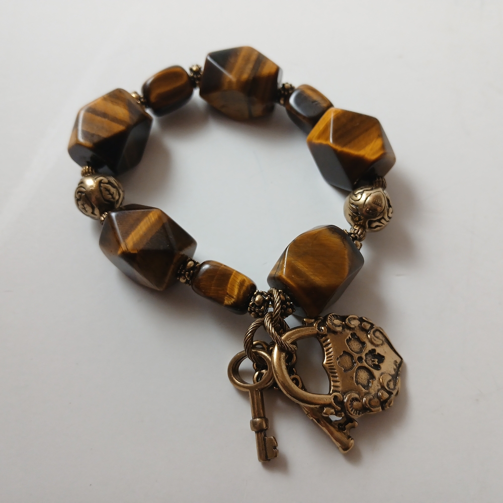 Tigers Eye Bracelet Stretch Gorgeous Chunky Stones With Lock & Key Embelishments